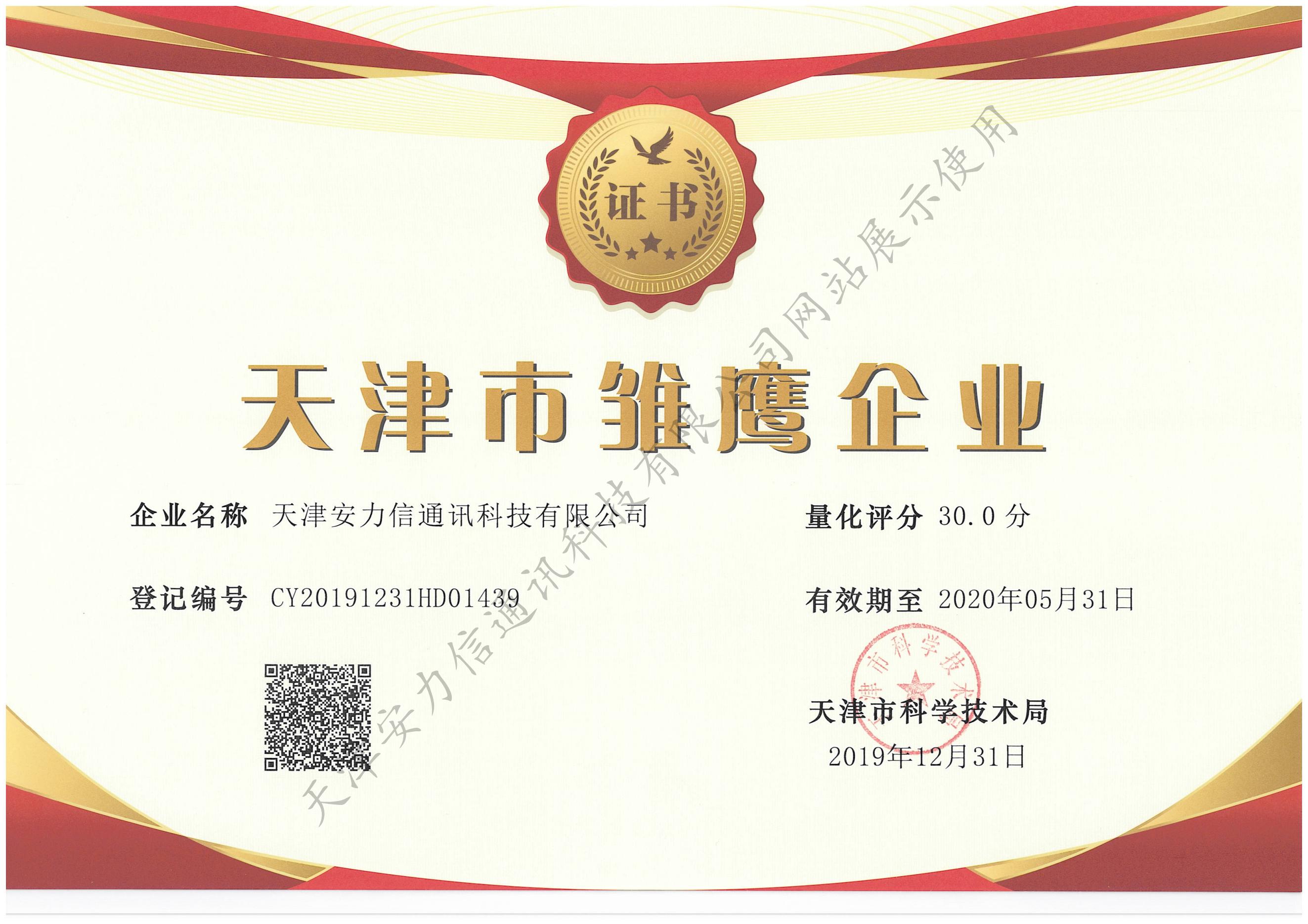天津市雏鹰企业认证证书